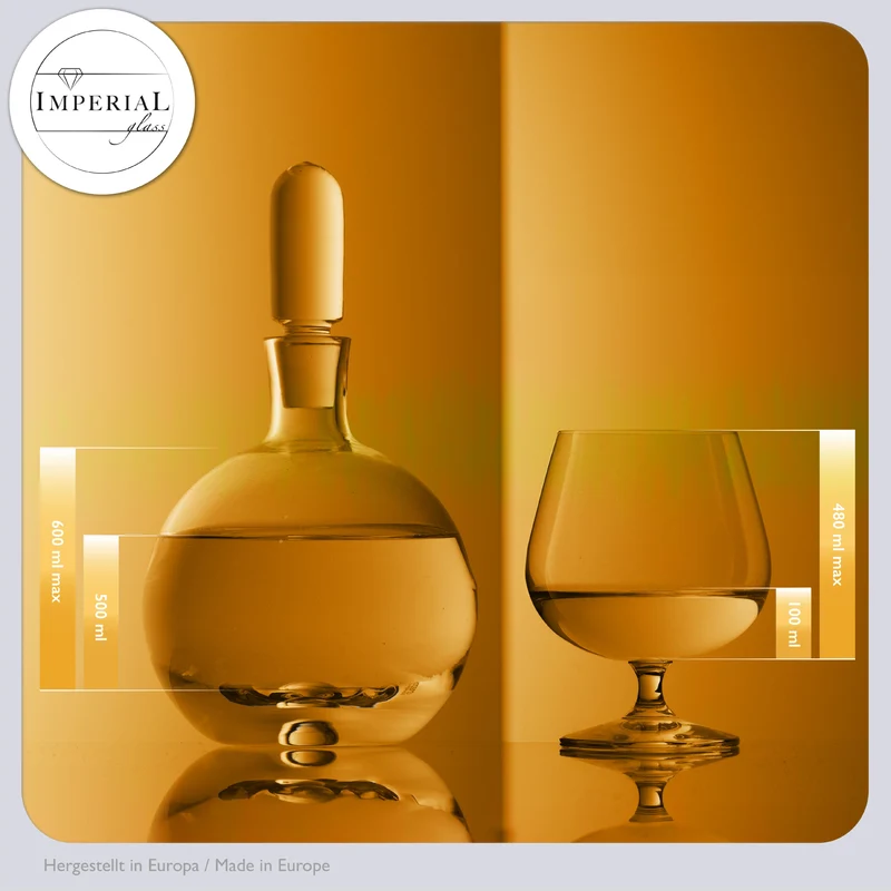 IMPERIAL Cognackaraffe mit Glasstopfen und 6 Cognacgläsern aus Crystalline Glas Handmade