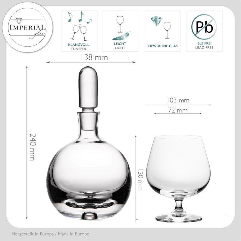 IMPERIAL Cognackaraffe mit Glasstopfen und 6 Cognacgläsern aus Crystalline Glas Handmade