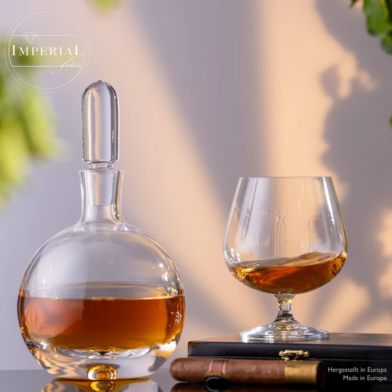 IMPERIAL Cognackaraffe mit Glasstopfen und 6 Cognacgläsern aus Crystalline Glas Handmade