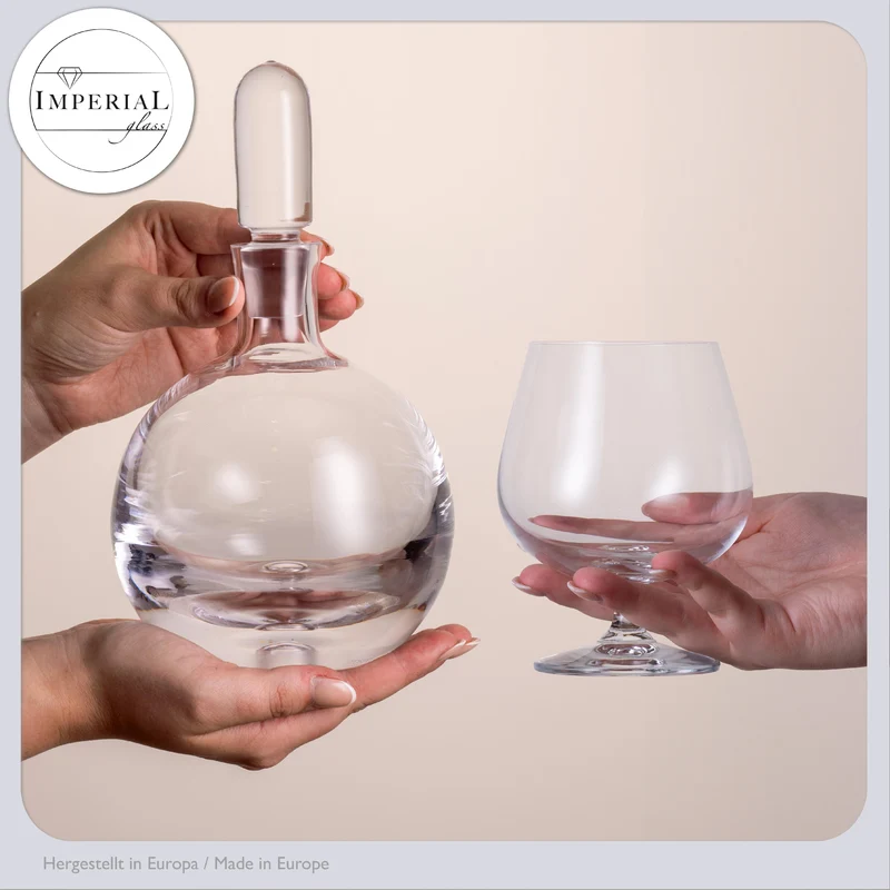 IMPERIAL Cognackaraffe mit Glasstopfen und 6 Cognacgläsern aus Crystalline Glas Handmade