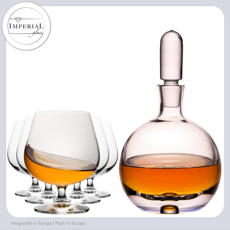 IMPERIAL Cognackaraffe mit Glasstopfen und 6 Cognacgläsern aus Crystalline Glas Handmade