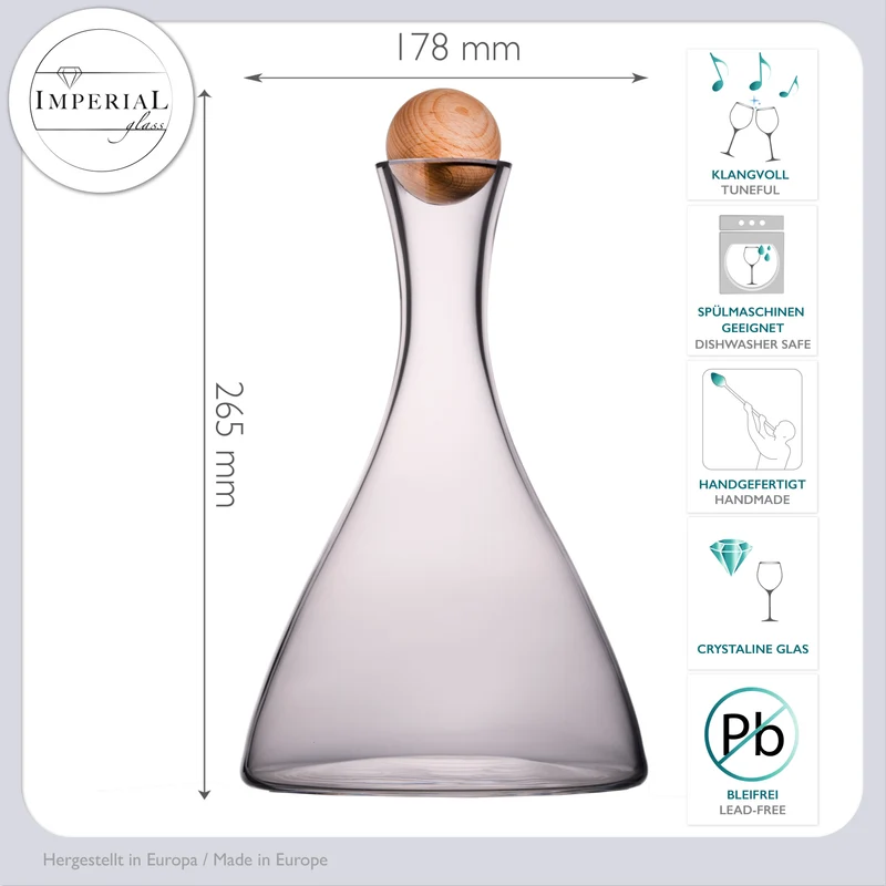 IMPERIAL glass Weindekanter aus Crystalline Glas - 2 Stück - handgefertigte Weinkaraffe mit Holzverschluss 1700ml