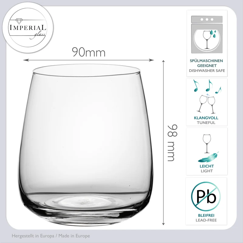 IMPERIAL glass eckige Trinkgläser Set 6 Stück aus Glas 470ml "Milano" spülmaschinenfest