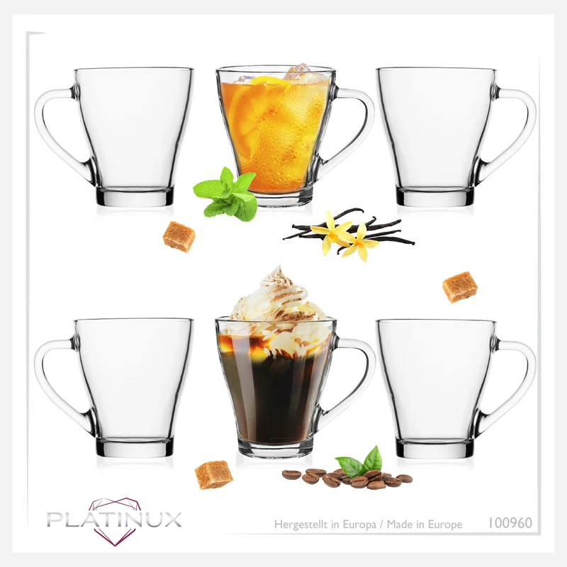 PLATINUX Kaffeegläser mit Griff Set 6-Teilig 320ml (max. 420ml) aus Glas
