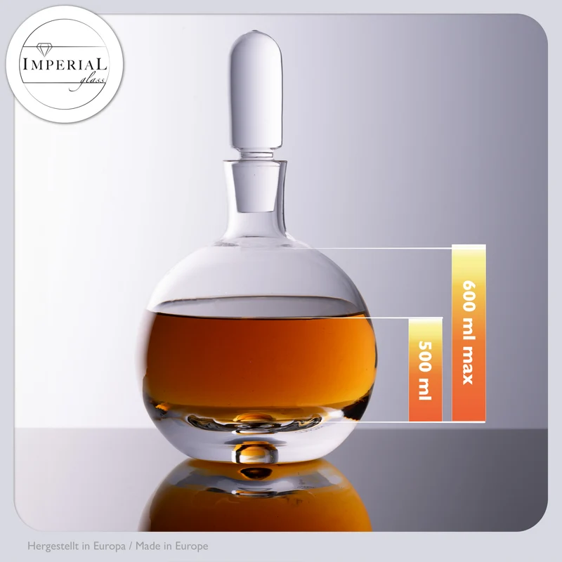 IMPERIAL Cognac Karaffe aus Crystalline Glas mit Glasstopfen und Luftblase im Boden 600ml Handarbeit