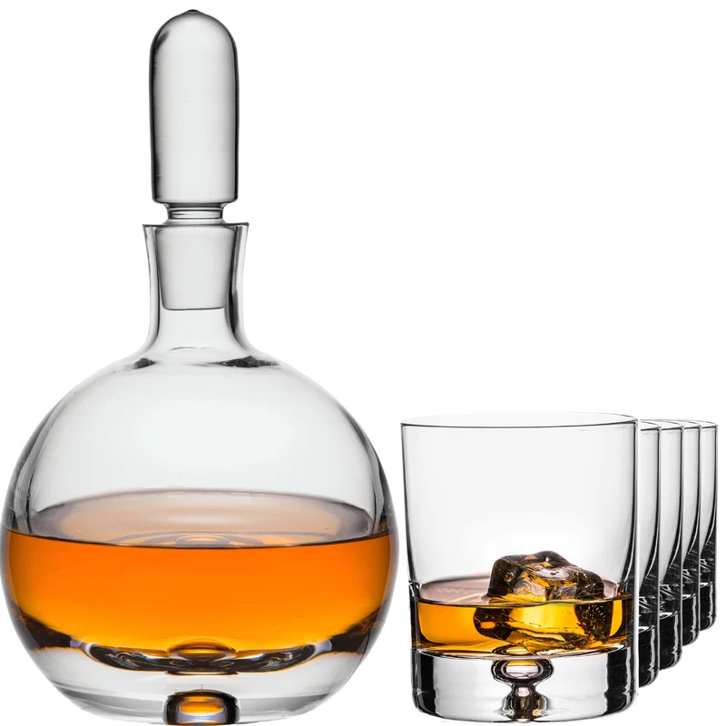 IMPERIAL Whiskeykaraffe mit Glasstopfen und 6 Whiskeygläser Handgefertigtes Set aus Crystalline Glas mit Luftblase im Boden "Lissabon"