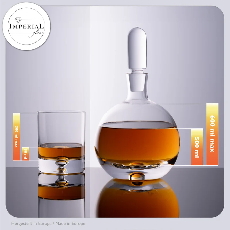 IMPERIAL Whiskeykaraffe mit Glasstopfen und 6 Whiskeygläser Handgefertigtes Set aus Crystalline Glas mit Luftblase im Boden "Lissabon"