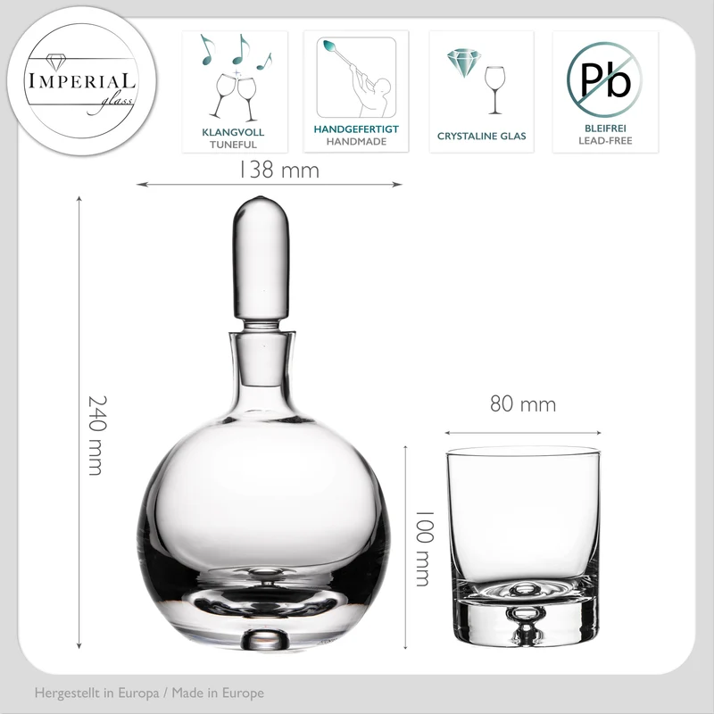IMPERIAL Whiskeykaraffe mit Glasstopfen und 6 Whiskeygläser Handgefertigtes Set aus Crystalline Glas mit Luftblase im Boden "Lissabon"