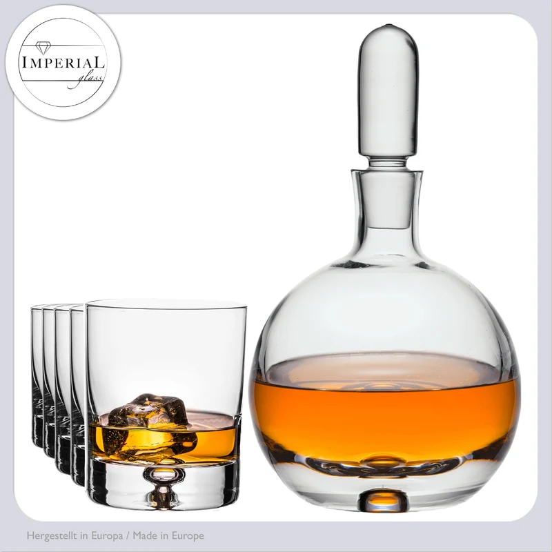 IMPERIAL Whiskeykaraffe mit Glasstopfen und 6 Whiskeygläser Handgefertigtes Set aus Crystalline Glas mit Luftblase im Boden "Lissabon"