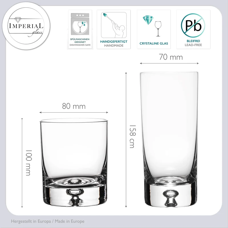 IMPERIAL Gläser Set mit Luftblase im Boden aus Crystalline Glas 370ml & 300ml "Lissabon" Handmade