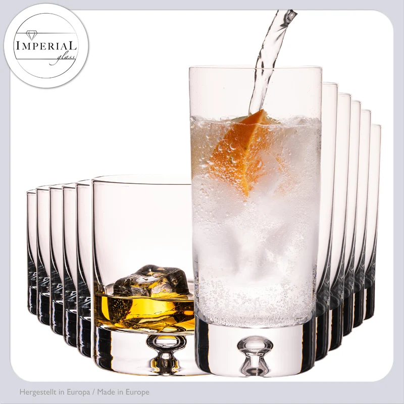 IMPERIAL Gläser Set mit Luftblase im Boden aus Crystalline Glas 370ml & 300ml "Lissabon" Handmade