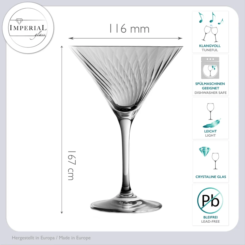 IMPERIAL geriffelte Martini Gläser Set 2 Stück 215ml aus Crystalline Glas "London" Spülmaschinenfest