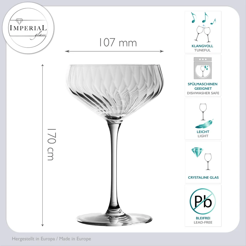 IMPERIAL geriffelte Cocktailschalen 2er Set aus Crystalline Glas 270ml "London" Spülmaschinenfest