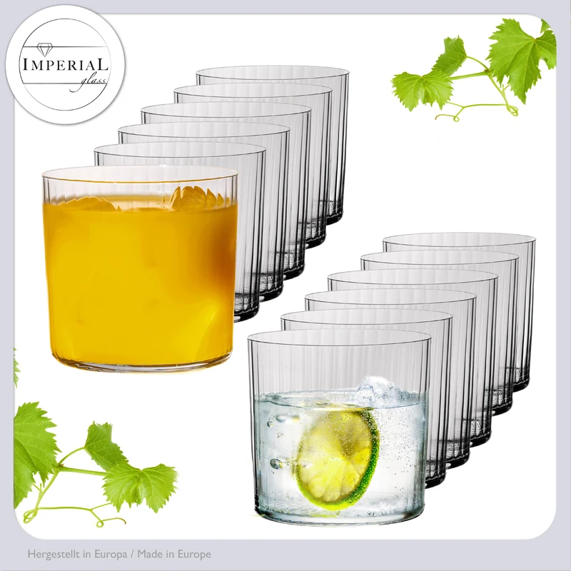 IMPERIAL geriffelte Trinkgläser 350ml 12er Set aus Crystalline Glas "London" Spülmaschinenfest
