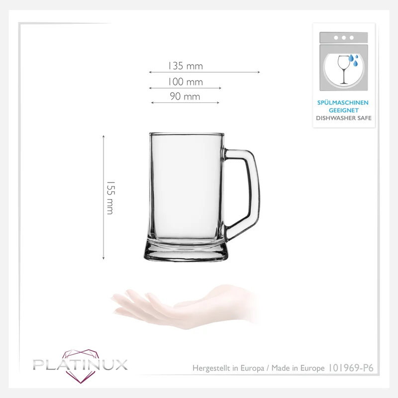 PLATINUX Bierseidel mit Henkel 0,5 Liter Set 6 Teilig Bierkrüge Biergläser Maßkrug