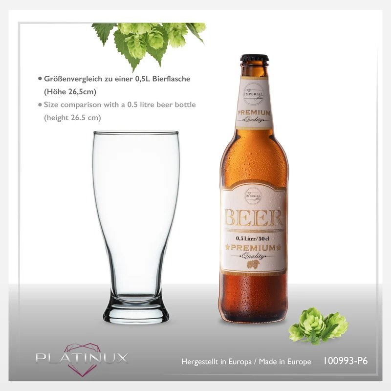 PLATINUX Biergläser Set 6 Teilig 500ml (max. 565ml) Bierseidel aus Glas