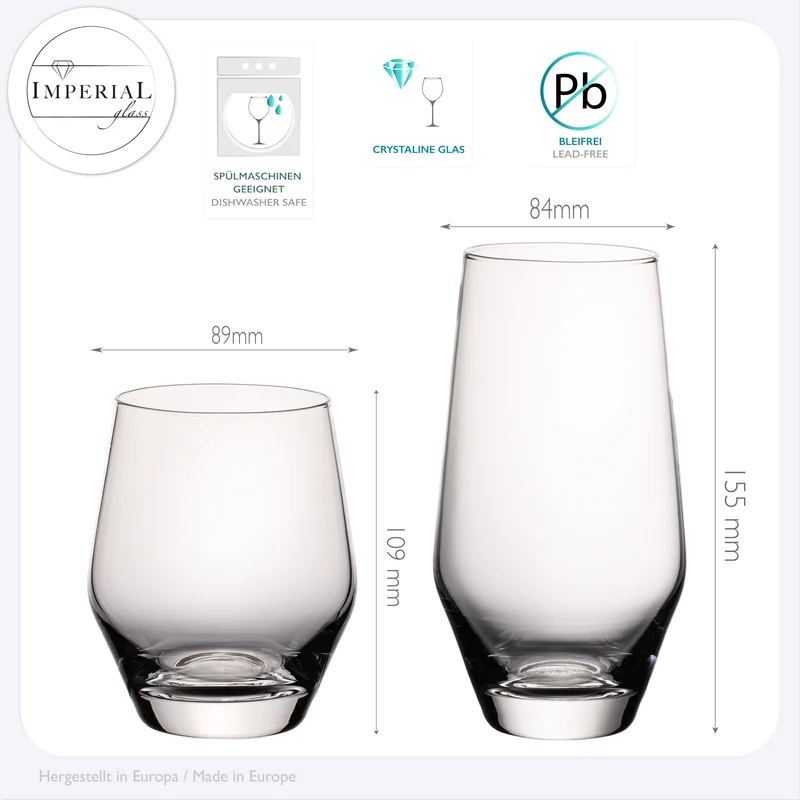 IMPERIAL Trinkgläser 400ml & 520ml 12er Set aus Crystalline Glas Serie "Rom" spülmaschinenfest