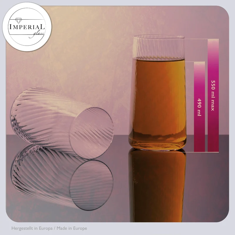IMPERIAL glass geriffelte Trinkgläser 550ml 6er Set aus Crystalline Glas "London" Spülmaschinenfest