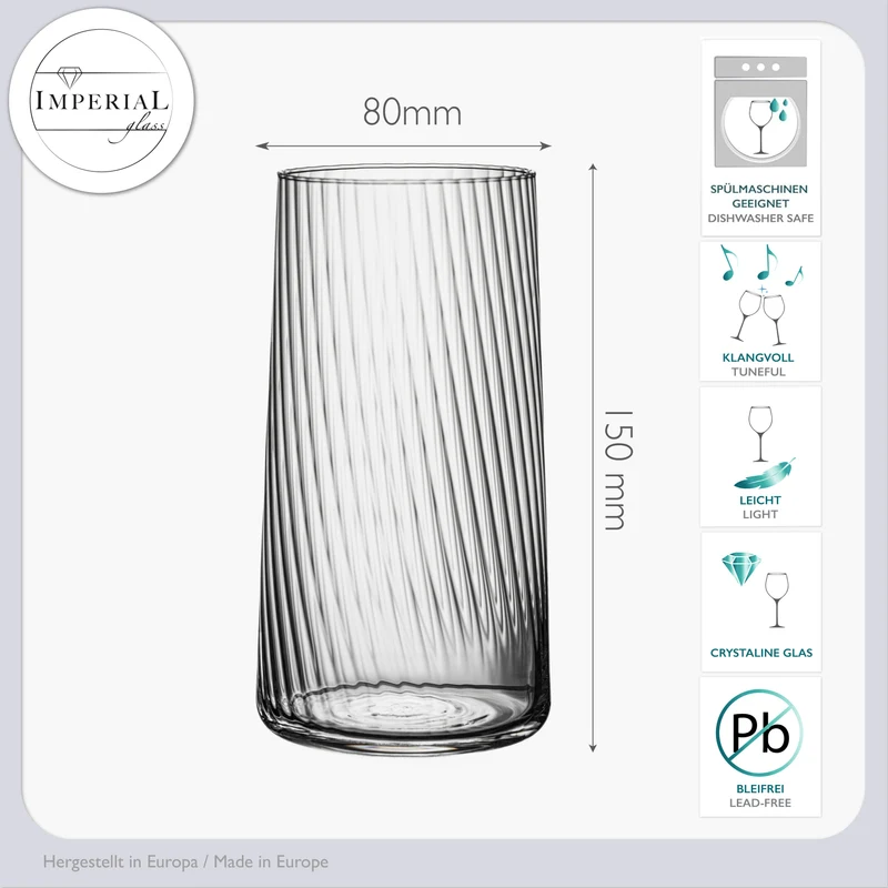 IMPERIAL glass geriffelte Trinkgläser 550ml 6er Set aus Crystalline Glas "London" Spülmaschinenfest