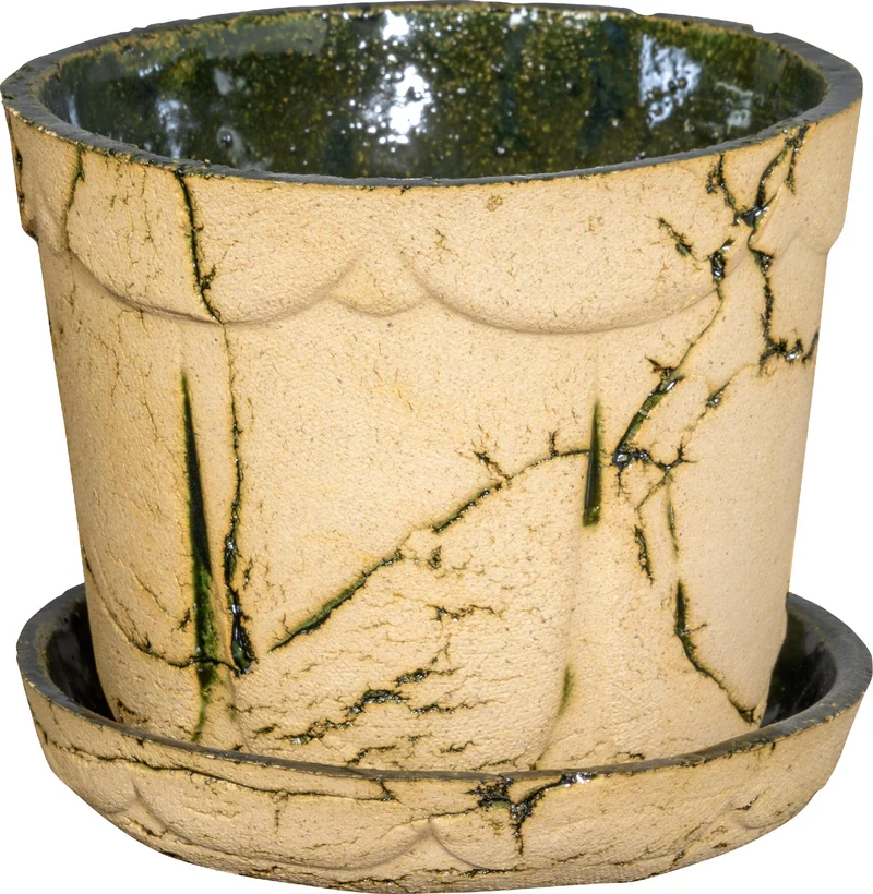 PLATINUX Steingut Blumentopf mit Untersetzer & Abflussloch 14,6x12,3cm Handarbeit