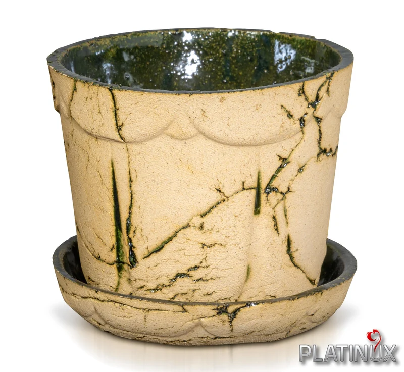 PLATINUX Steingut Blumentopf mit Untersetzer & Abflussloch 14,6x12,3cm Handarbeit