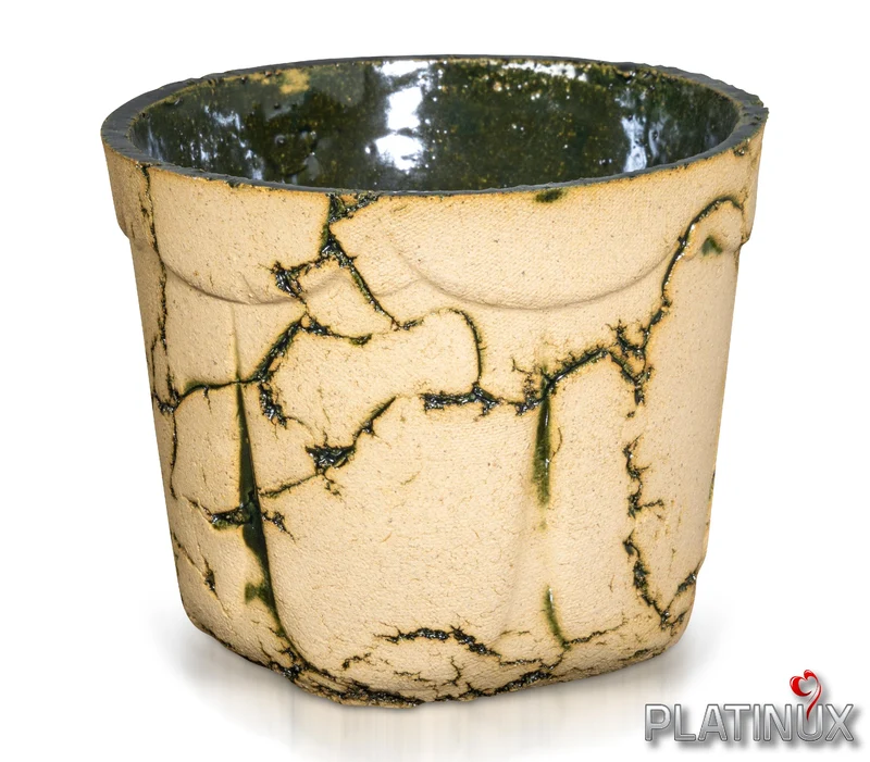 PLATINUX Steingut Blumentopf mit Untersetzer & Abflussloch 14,6x12,3cm Handarbeit