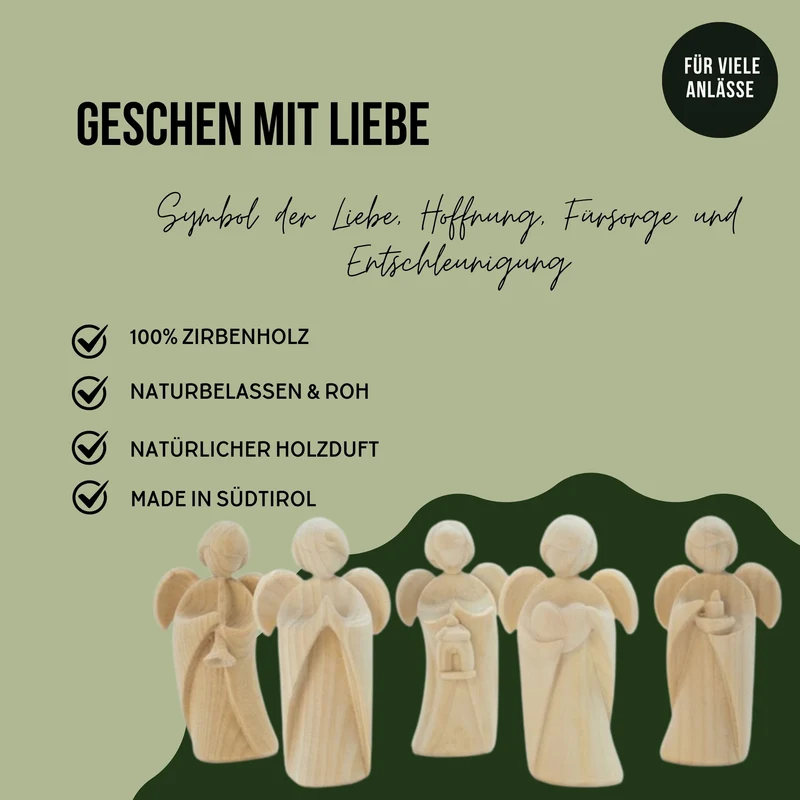 5er Set Klassischer Schutzengel aus Zirbenholz | Geschenk zur Taufe oder zu Weihnachten | Handwerk aus Südtirol