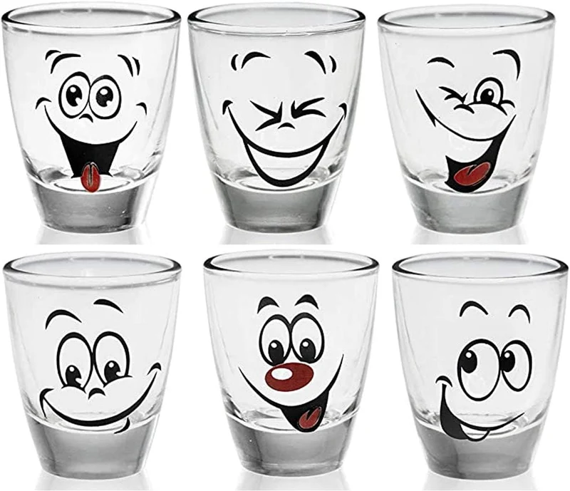 PLATINUX Shotgläser mit lustigen Gesichtern Set 6 Teilig 2,5cl Karnevalsgläser aus Glas