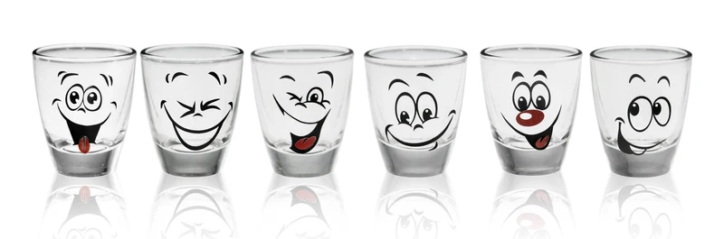PLATINUX Shotgläser mit lustigen Gesichtern Set 6 Teilig 2,5cl Karnevalsgläser aus Glas