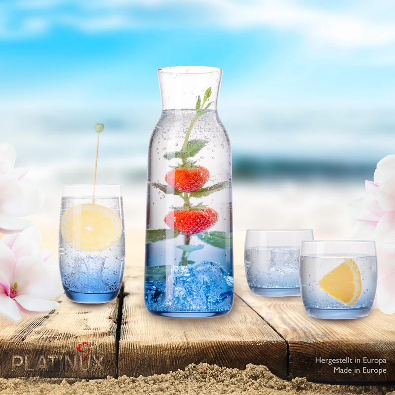 PLATINUX Karaffe mit Dunkelblauem Ombré Effekt aus Glas 1L (max. 1130ml)