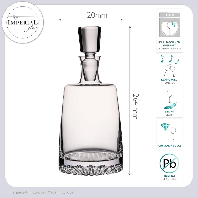 IMPERIAL glass Whiskykaraffe 700ml mit Glasstopfen Handgefertigt Serie "Faro" Crystalline Glas mit strukturiertem Boden