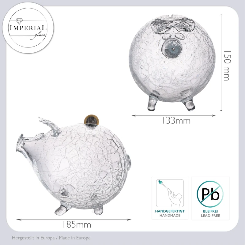 IMPERIAL glass Sparschwein aus Glas - transparente Glasspardose in Schweinform mit Crackle-Struktur - handgefertigte Spardose ohne Öffnung, zum Zerbrechen