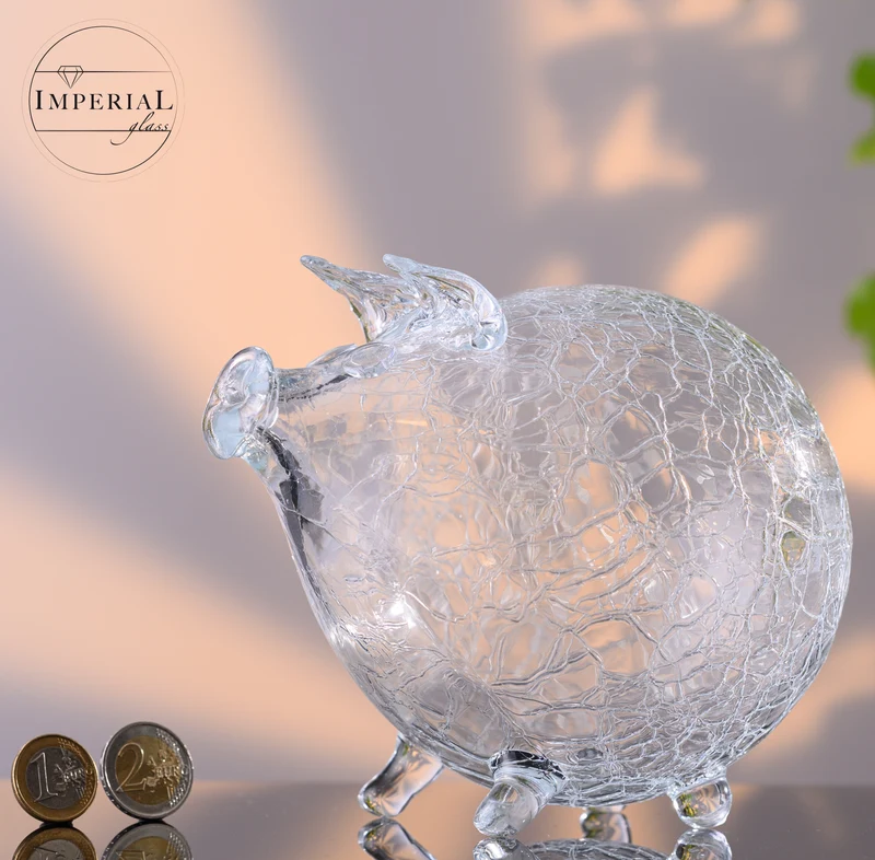 IMPERIAL glass Sparschwein aus Glas - transparente Glasspardose in Schweinform mit Crackle-Struktur - handgefertigte Spardose ohne Öffnung, zum Zerbrechen