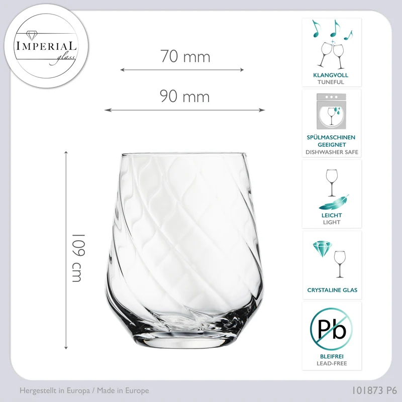 IMPERIAL geriffelte Trinkgläser 6er Set aus Crystalline Glas 430ml Spülmaschinenfest
