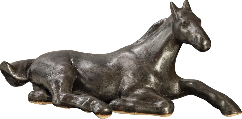 PLATINUX Keramikfigur Liegendes Pferd mit erhobenem Kopf 14x6,1x6,3cm mit Metalik Optik Handarbeit