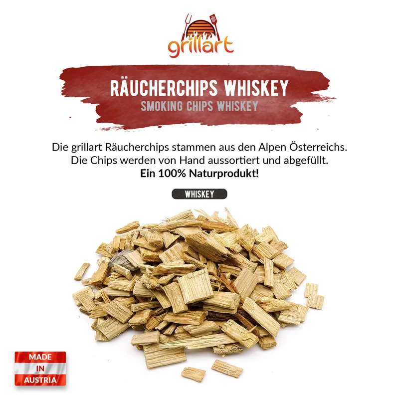XL Premium Räucherchips Mix – sehr rauchaktives Räucherholz / Holzhackschnitzel Whiskey 750g.