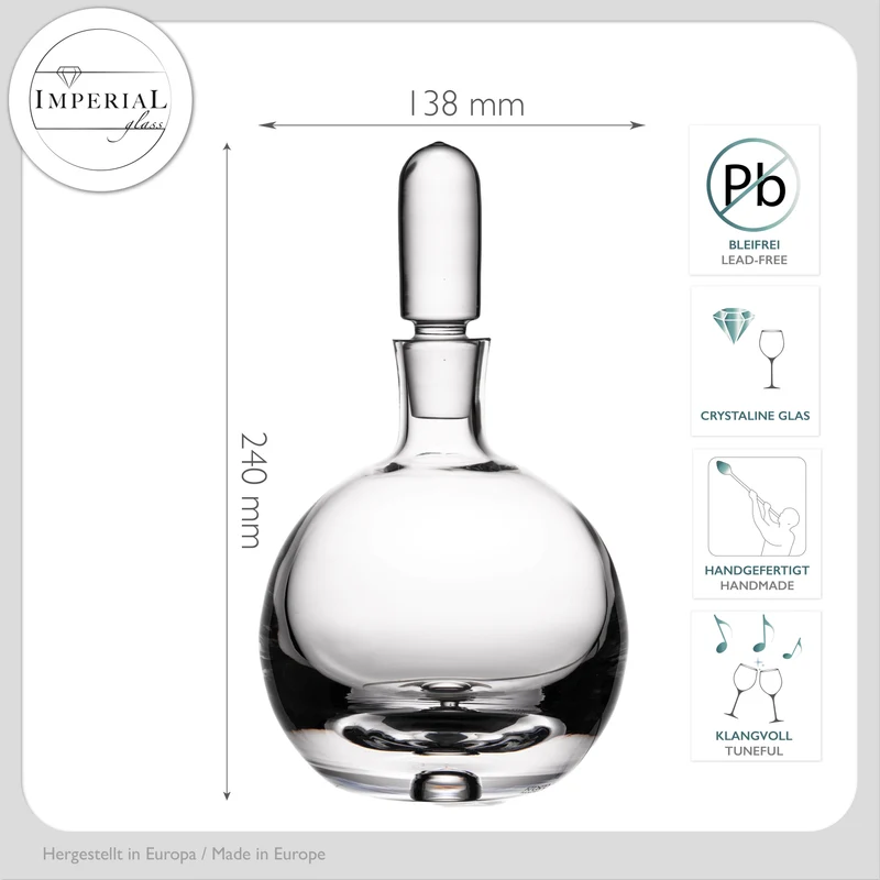 IMPERIAL Likörkaraffe aus Crystalline Glas 600ml kugelförmige Spirituosen Karaffe mit Glasstopfen und Luftblase im Boden Handmade "Lissabon"