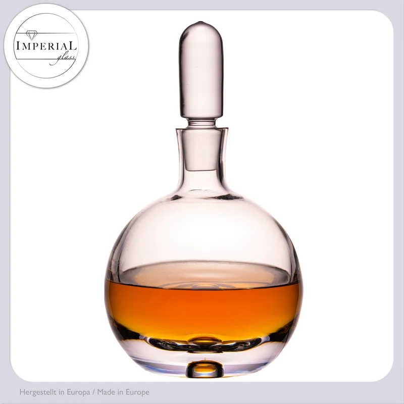 IMPERIAL Likörkaraffe aus Crystalline Glas 600ml kugelförmige Spirituosen Karaffe mit Glasstopfen und Luftblase im Boden Handmade "Lissabon"