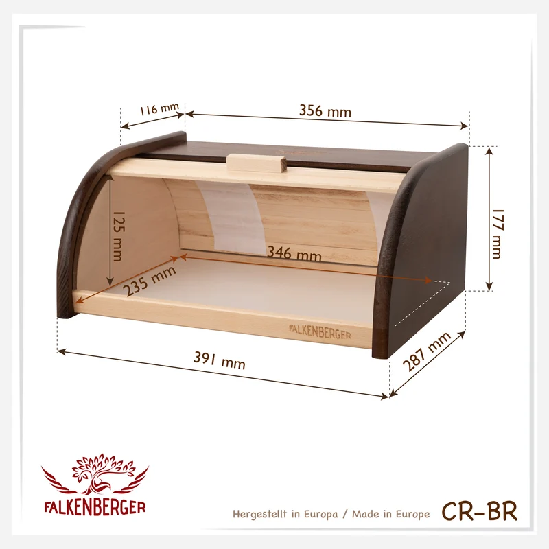 FALKENBERGER Brotkasten aus Holz Braun ca. 39x29x18cm Brotbox mit Roll-Deckel Rollbrotkasten Handmade