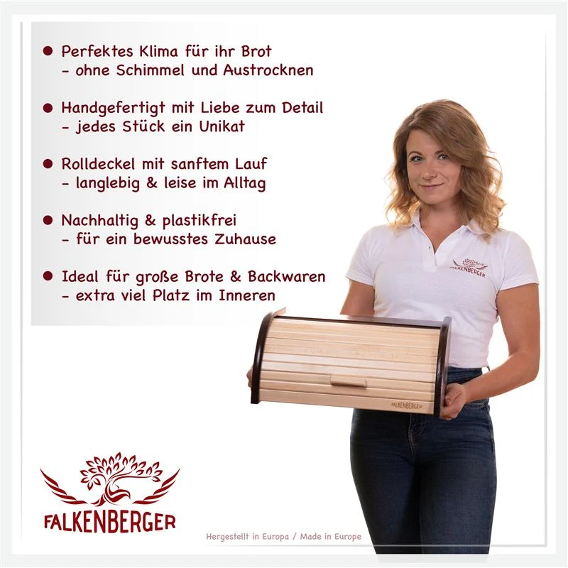 FALKENBERGER Brotkasten aus Holz Braun ca. 39x29x18cm Brotbox mit Roll-Deckel Rollbrotkasten Handmade
