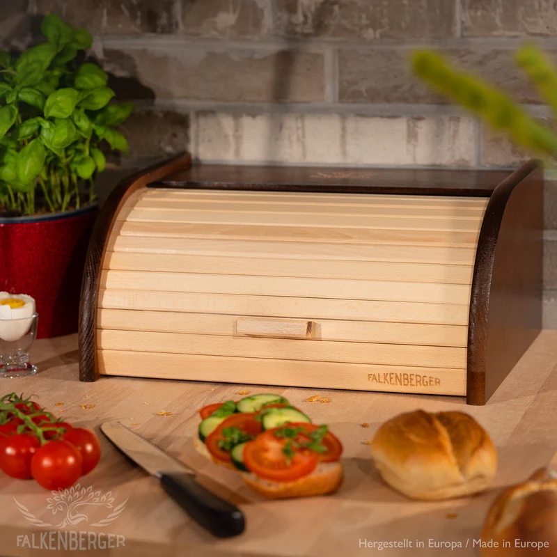 FALKENBERGER Brotkasten aus Holz Braun ca. 39x29x18cm Brotbox mit Roll-Deckel Rollbrotkasten Handmade