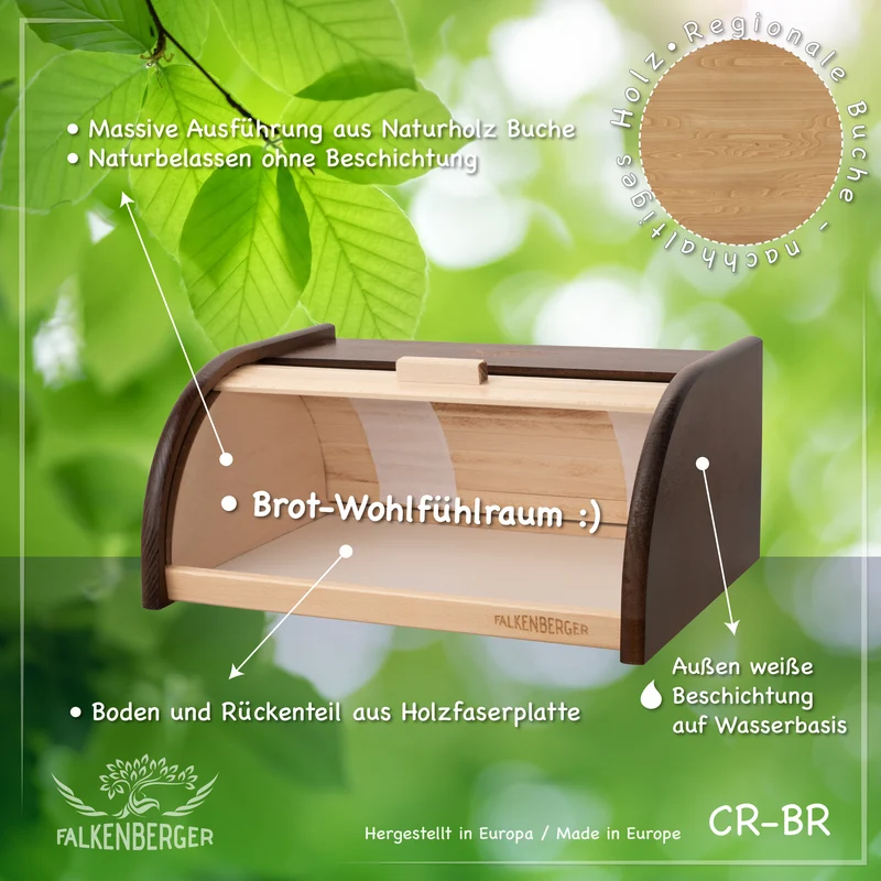 FALKENBERGER Brotkasten aus Holz Braun ca. 39x29x18cm Brotbox mit Roll-Deckel Rollbrotkasten Handmade
