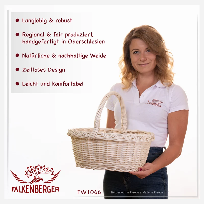 FALKENBERGER Weißer Weidenkorb geflochten ca. 40x29x33cm "Bella" Einkaufskorb aus Weide Handarbeit