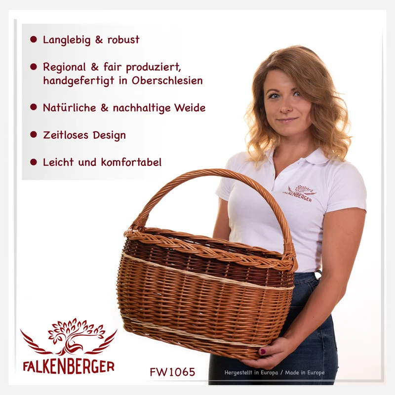 FALKENBERGER Weidenkorb 42x26x41cm "Toskana" Einkaufskorb aus Weide Handarbeit Pilzkorb groß Flechtkorb mit Henkel