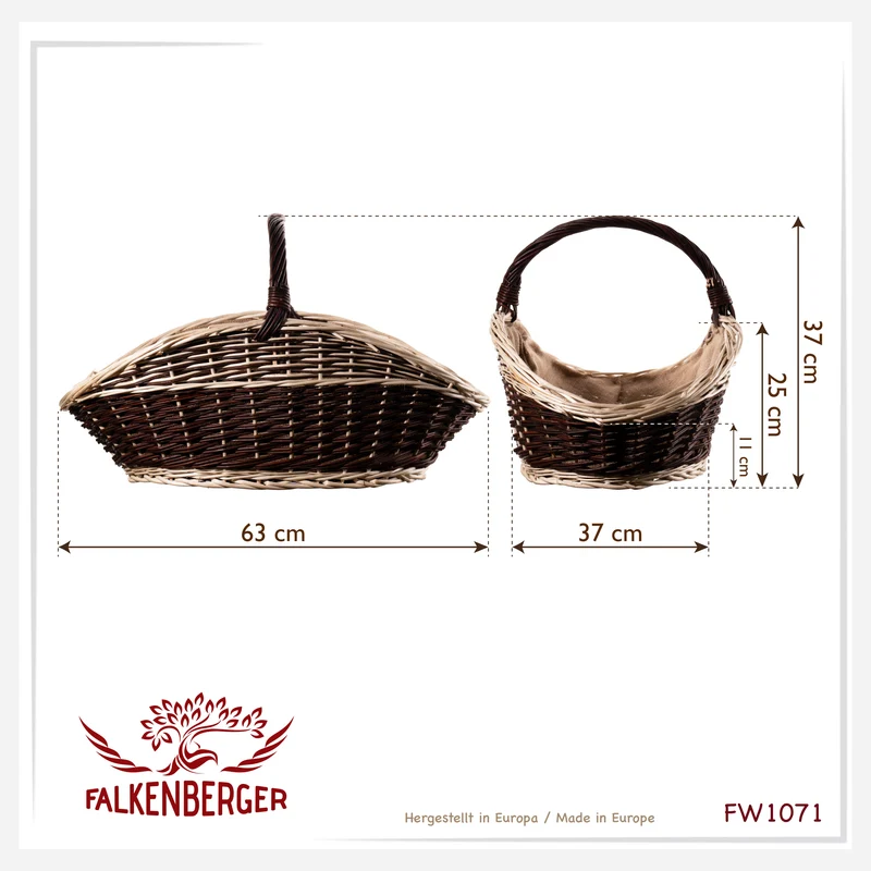 FALKENBERGER Weidenkorb geflochten ca. 63x37x37cm Handarbeit "Piemont" Kartoffelkorb Kaminholzkorb gefuttert mit Stoff