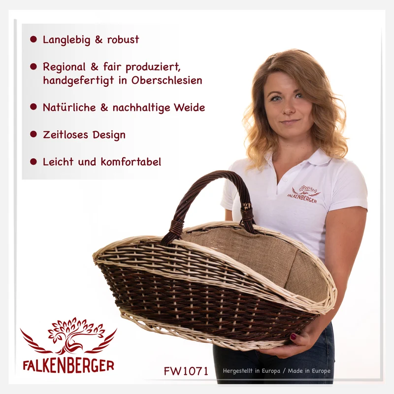 FALKENBERGER Weidenkorb geflochten ca. 63x37x37cm Handarbeit "Piemont" Kartoffelkorb Kaminholzkorb gefuttert mit Stoff