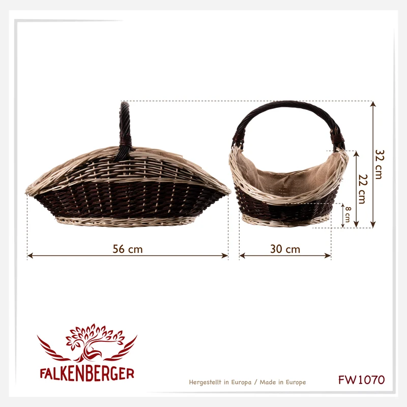 FALKENBERGER Weidenkorb geflochten ca. 56x30x32cm Handarbeit "Henri" Kartoffelkorb Kaminholzkorb gefuttert mit Stoff
