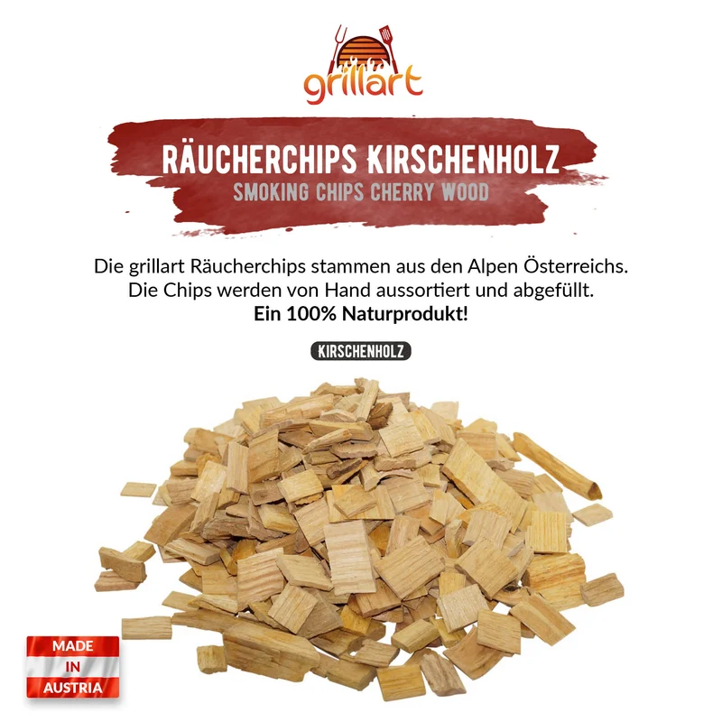 XL Premium Räucherchips Mix – sehr rauchaktives Räucherholz / Holzhackschnitzel Kirsche 750g.