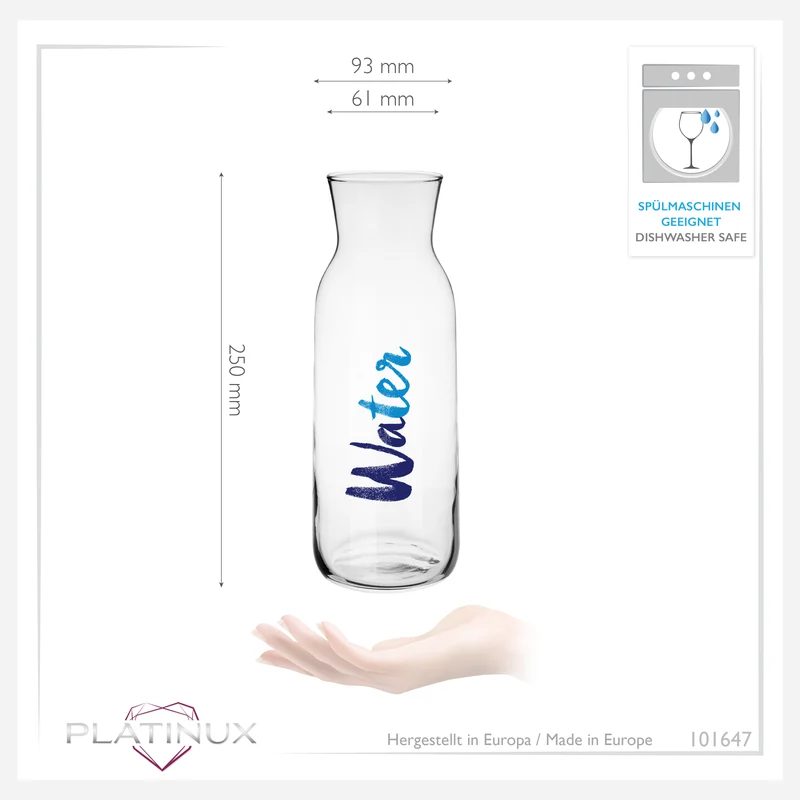 PLATINUX Glaskaraffe mit Water-Print 1000ml (max.1200ml) Wasserkaraffe