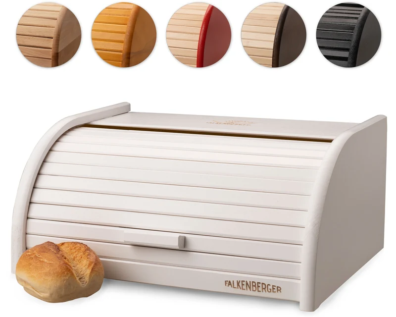 FALKENBERGER Brotkasten aus Holz Buche Weiß ca. 39x29x18cm Brotbox mit Roll-Deckel Rollbrotkasten Handmade